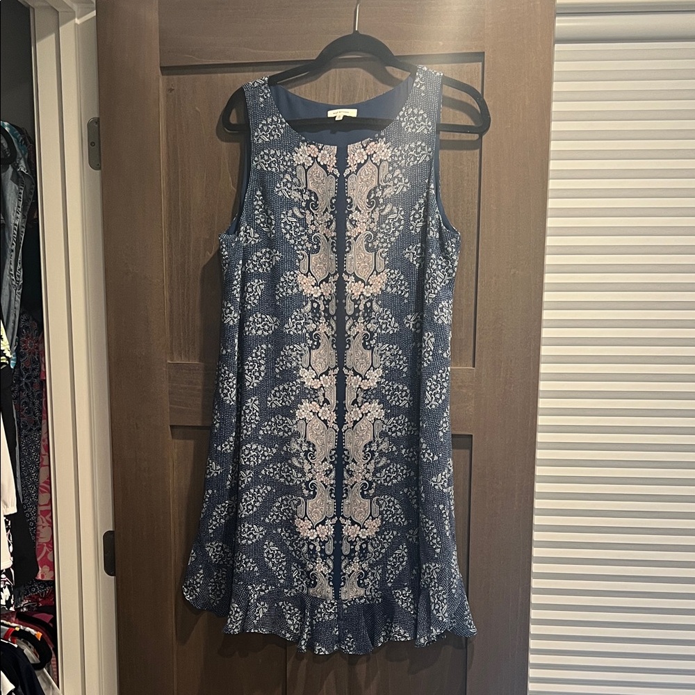 Max Studio Navy Blue and White Sleeveless Printed A-Line Dress